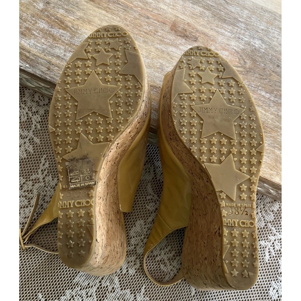 Jimmy Choo Praise Cork Patent Leather Yellow Platform Slingback Wedge S 38.5 - Picture 8 of 14